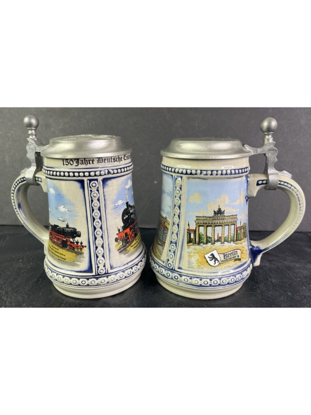 Two 2 Vtg German GERZ Beer Steins Pewter Lids Made In West Germany Train Berlin